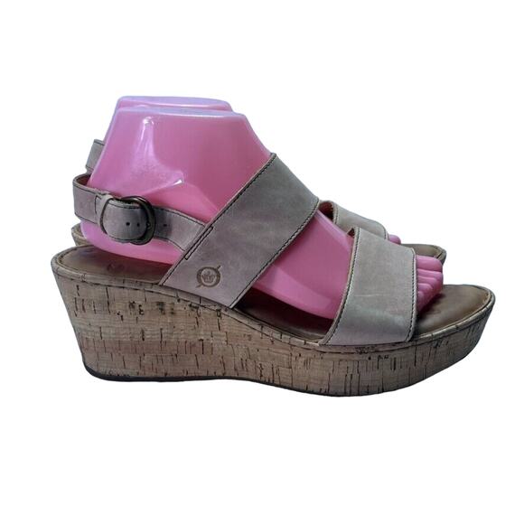 Born Sandals Women 9M Tan Leather Wedge With Ankle Strap Cushioned Comfort Lined - Picture 1 of 12